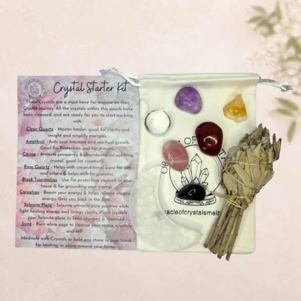 crystal-starter-kit-melbourne Crystal Starter Kit with beginner crystals, Sage and Selenite plate by Oracle of Crystals
