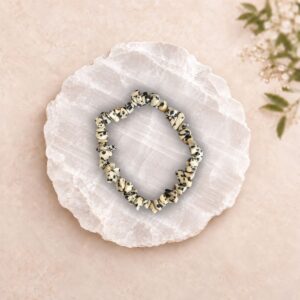 Dalmatian Jasper crystal chip bracelet for joy, grounding and protection