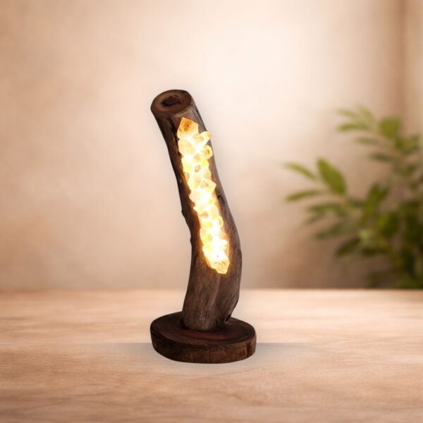 Citrine crystal lamp handcrafted with Australian timber glowing warm golden light