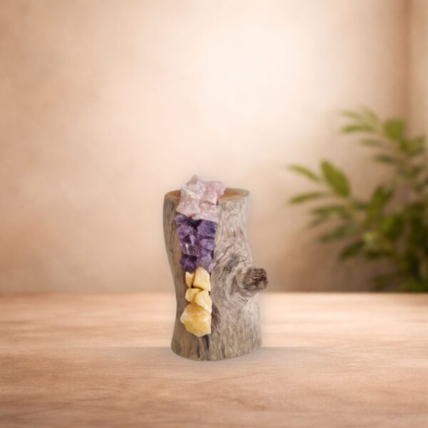 rose-quartz-amethyst-yellow-calcite-crystal-lamp-australia Handcrafted crystal lamp with Rose Quartz, Amethyst and Yellow Calcite set in Australian timber glowing warmly