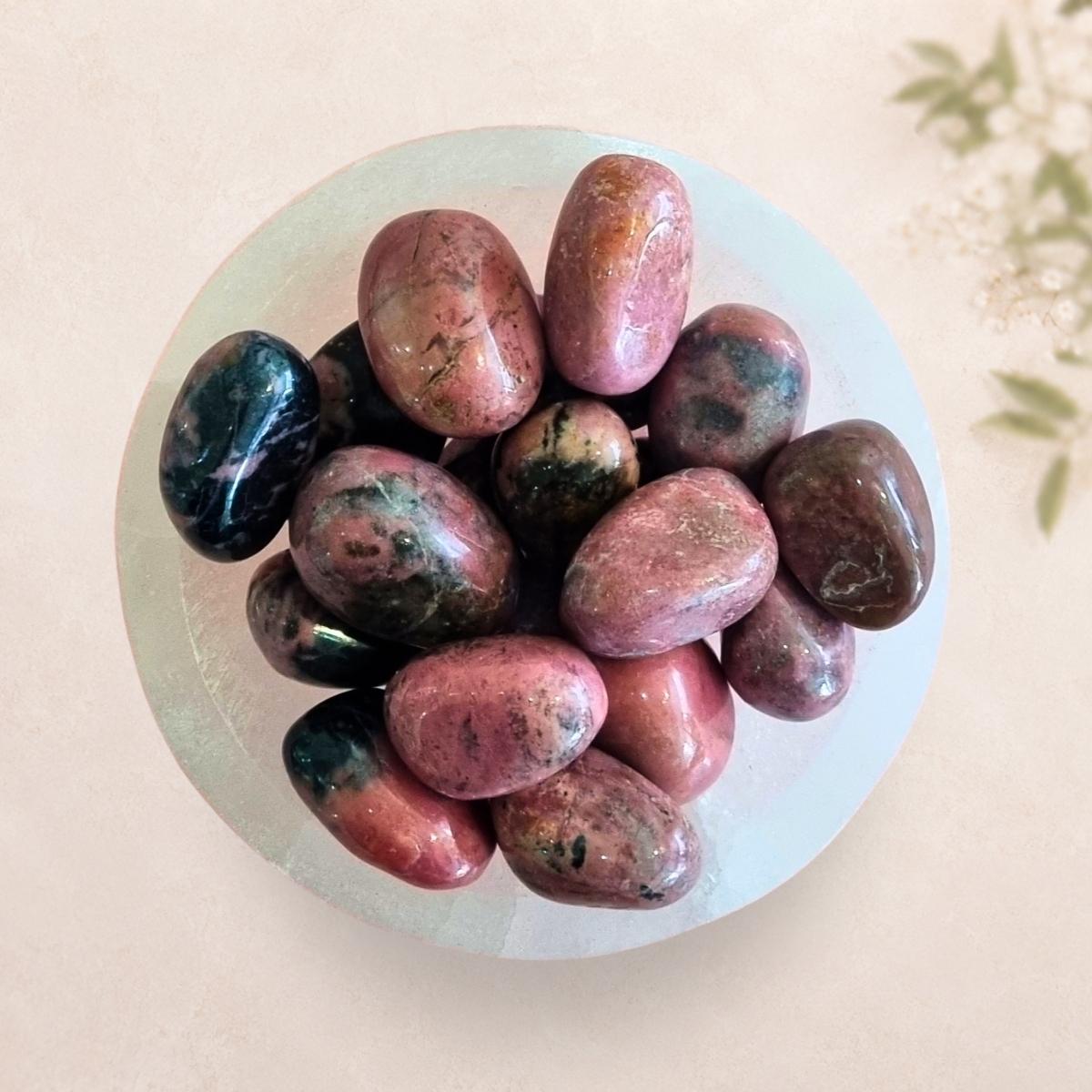 Rhodonite tumble stone for emotional healing and self-love from Oracle of Crystals Melbourne