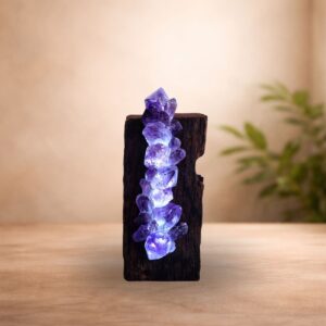 Australian-made Amethyst wood lamp with genuine Amethyst crystals and sustainably sourced native timber.