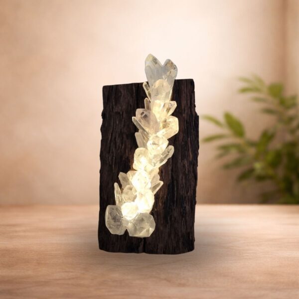 Handcrafted Clear Quartz wood lamp made in Australia with genuine Clear Quartz crystals and sustainably sourced native timber. Melbourne