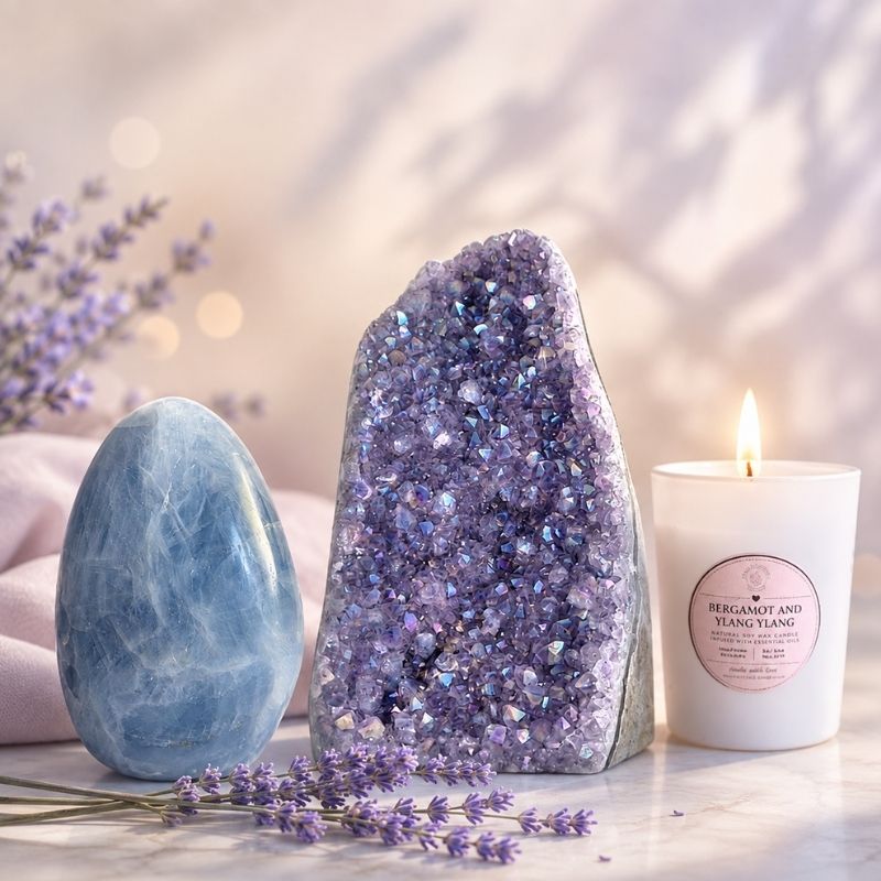 calming amethyst, white candle and blue calcite crystal