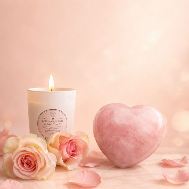 Love Bundle with rose quartz heart, roses and candle