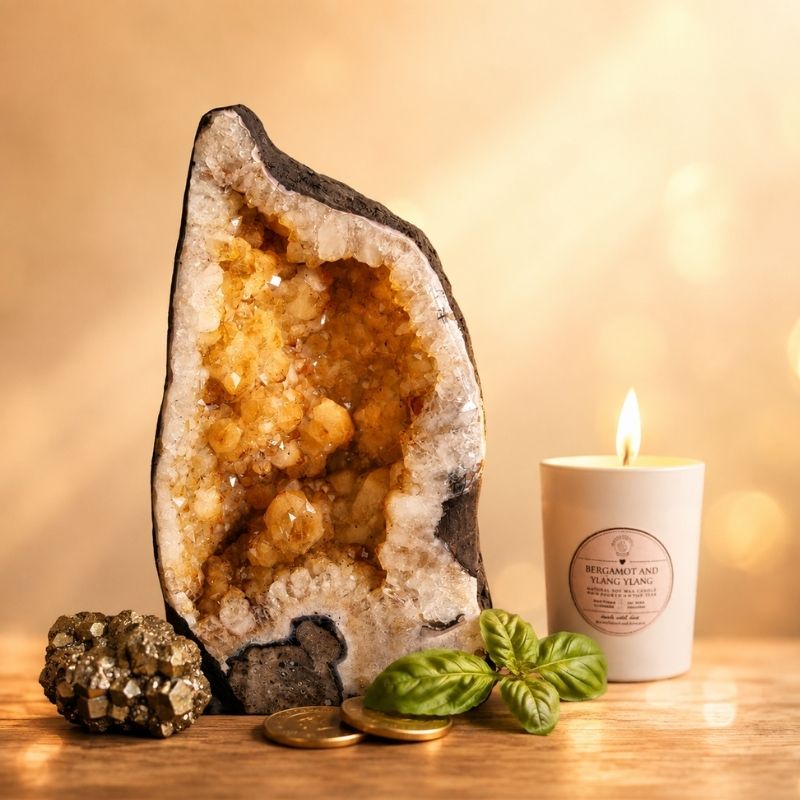 Prosperity Bundle with citrine cave, pyrite, basil and candle