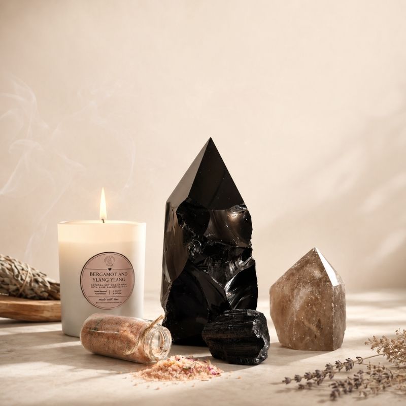 Protection Bundle with black obsidian, smoky quartz, candle and cleansing salt